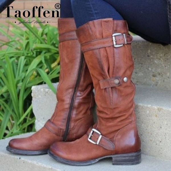 taoffen 5 color women knee high boots winter buckle round toe low heel casual shoes woman zipper botas footwear size 34-43, Black